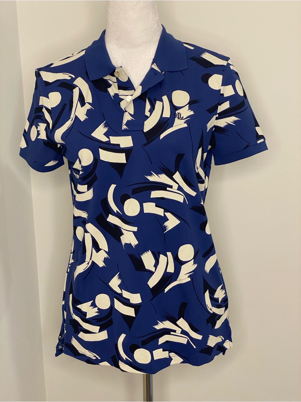 Lauren Ralph Lauren Blue & Cream Abstract Short Sleeve Polo